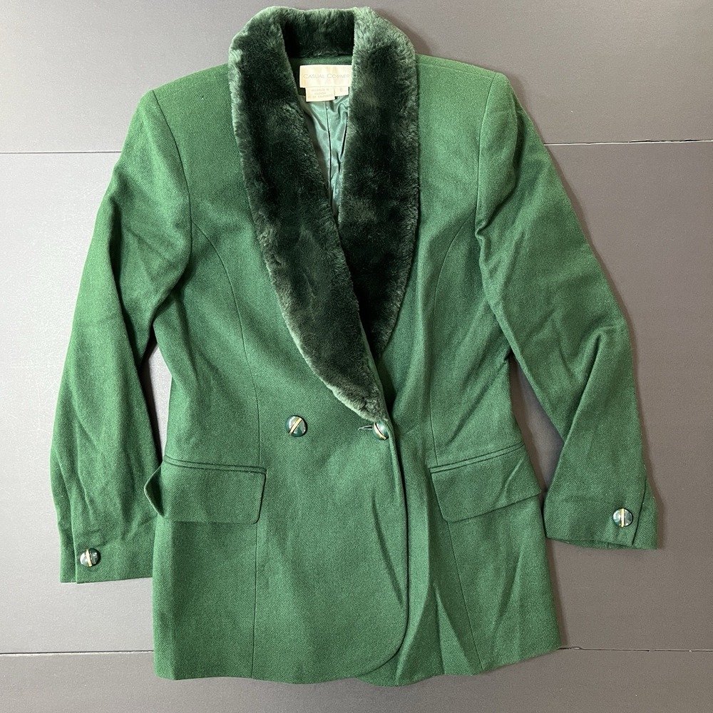 Vintage Casual Corner‎ Wool Skirt Suit 2pc Women's 8 Green Faux Fur Collar